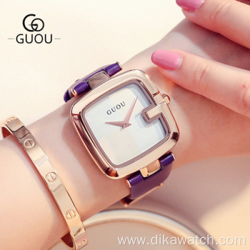 2021 New GUOU 8190 Women's Watch Square Watchwrist Trend Simple Leather Quartz Ladies Watches